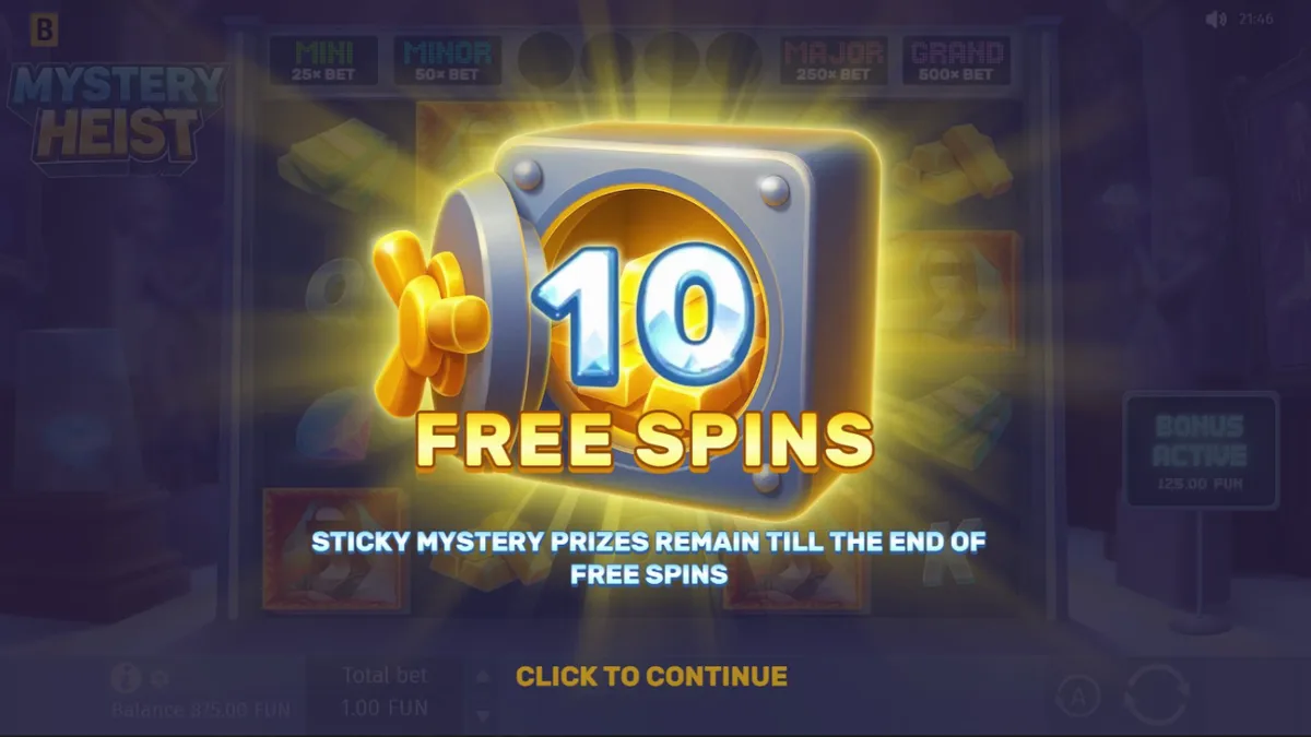 Interface do slot Mystery Heist com tema de assalto e cofres