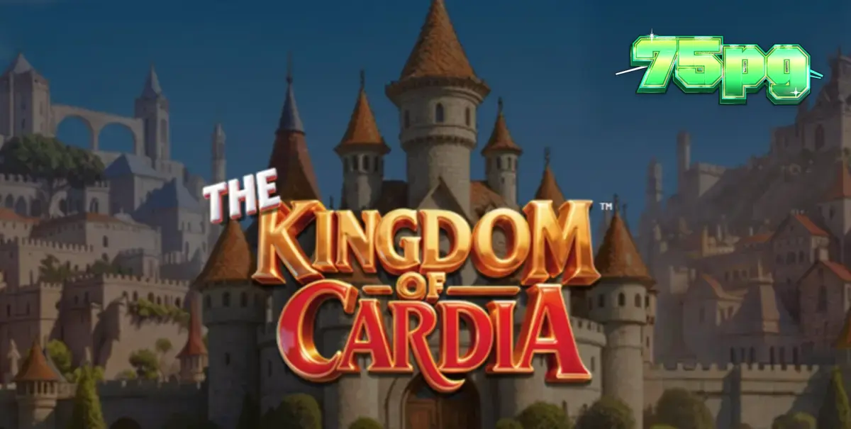 Cenário vibrante e fantástico do jogo The Kingdom of Cardia com elementos de cartas e jardim real.